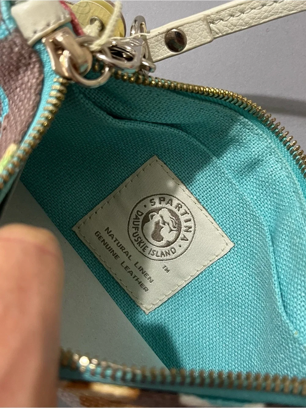 NWT Spartina 449 Brown Multicolor Floral Linen Leather Wristlet Clutch